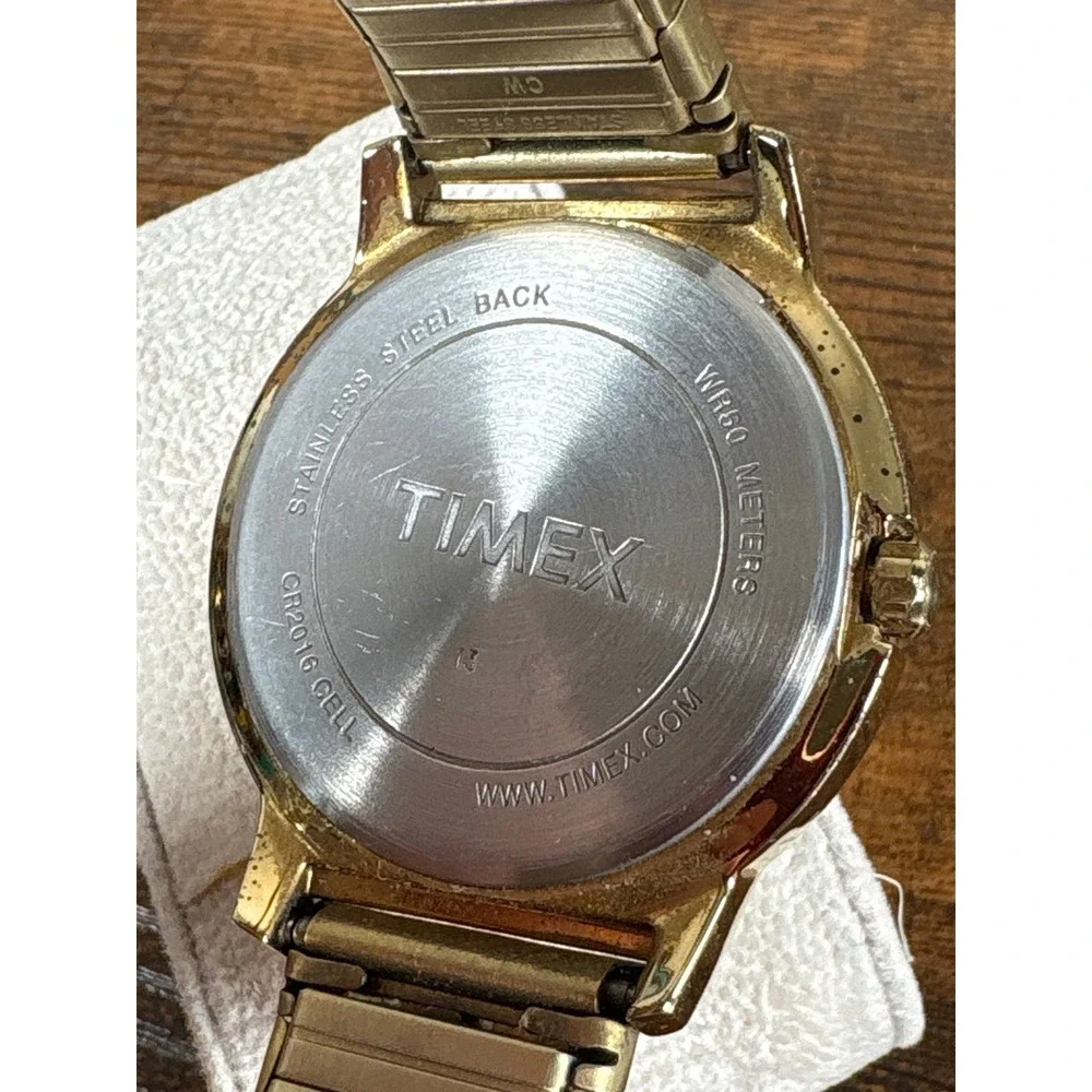 Timex Indiglo WR 50M Gold Tone‎ Stainless Steel Expansion Band Watch White Dial